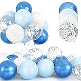 30Pcs Blaues Luftballon Set, 12 Zoll Metallic Chrom Blau Silber Konfetti Ballons Blaue und Weiße Helium Latex Luftballons mit Band für Geburtstag Hochzeit Kinder Baby Shower Party Dekorationen