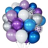 Luftballons Frozen, 60 Stück 12 Zoll Blau Weiß Silber Lila Metallic Latex Ballons Schneeflocke Konfetti Ballons mit Bändern für Winter Wonderland, Weihnachten, Babyparty, Geburtstag