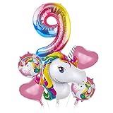 Einhorn Ballons 9 Geburtstag , Einhorn Folienballon，Riesen Zahlen Folienballon.Luftballons für Geburtstagsfeiern，Kinder-Geburtstag Mädchen, Party, Dekoration.