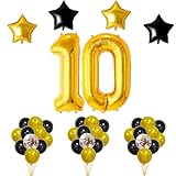 FUNFEST Dekoration für Geburtstagsfeiern, 10 Jahre, 40 Luftballons, Riesenluftballons, Farbe Gold, Schwarz, Pailletten, Fliegen mit Helium – Deko für Geburtstagsfeiern zum 10. Geburtstag mit