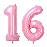 Rosa große Zahlen, 16 Luftballons, 101,6 cm, große Helium-Folienballons, 2 digitale Luftballons für Mädchen und Jungen, Partydekorationen zum 16. Geburtstag, Jubiläums-Partyzubehör (Nummer 16, Rosa)