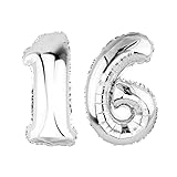 DekoRex Folienballon Silber 100cm Geburtstag Jubiläum Hochzeit Deko (Zahl 16)