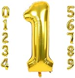 𝐏𝐑𝐄𝐒𝐄𝐍𝐓𝐎𝐑𝐘 XXL *1-Meter* Zahlenballon, Folienballon Zahl 1 in Gold, Luftballon Nummer Eins als Geburtstagsdeko für Happy Birthday Girlande