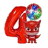 PJ Masks Eulette Geburtstags Deko Set, Zahl 4 Folienballon Luftballon Ballon Pyjamahelden Eulete Rote PJ Mask Kinder Dekoration jungen und Mädchen (Zahl 4)