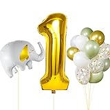 COLOFALLA 16 Pcs 1. Geburtstag Deko Luftballons Zahl 1 Elefant Folienballons Wild One Babyparty Dekoration Grün Gold Weiß Ballons Dschungel Safari 1 Geburtstagsdeko Neutral