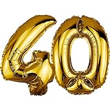 DekoRex Folienballon Gold 100cm Geburtstag Jubiläum Hochzeit Deko (Zahl 40)