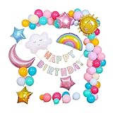 Geburtstagsparty-Dekorationen, Pastell-Regenbogen-Party-Dekoration, Luftballons mit Happy Birthday-Banner, Wolken-Regenbogen-Folienballon für Mädchen, Kinder, Frauen, Babyparty