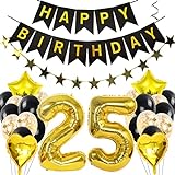 Cymeosh Geburtstagsdeko 25 Jahre Männer Frauen, Ballon 25. Geburtstag Deko Schwarz Gold, Happy Birthday Girlande, Folienballons Zahl 25, Luftballons 25. Geburtstag Deko Frau Mann