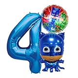 PJ Masks Catboy Geburtstags Deko Set, Zahl 4 Folienballon Luftballon Ballon Pyjamahelden Cat Boy Blaue PJ Mask Kinder Dekoration jungen und Mädchen (Zahl 4)