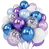 Luftballons Frozen, 60 Stück 12 Zoll Blau Weiß Silber Lila Metallic Latex Ballons Schneeflocke Konfetti Ballons mit Bändern für Winter Wonderland, Weihnachten, Babyparty, Geburtstag