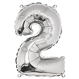 Rayher 87034606 Zahl 2 Party-/Folienballon, silber, 40cm hoch, zum Befüllen mit Luft, für Geburtstag, Silverster, Jubiläum
