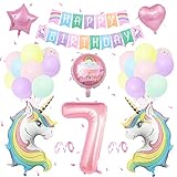 7.Einhorn Geburtstagsdeko Mädchen,Einhorn Deko Kindergeburtstag Set Pastell mit Große Zahl 7 Folienballon,2 Riesige Einhorn Luftballons,Happy Birthday Banner für mädchen Geburtstags Dekoration