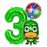 PJ Masks Gecko Geburtstags Deko Set + Zahl 3 Grün Folienballon Luftballon Ballon Pyjamahelden Geko 3. Grün Geburtstag PJ Mask Kinder Dekoration jungen und Mädchen (Zahl 3)