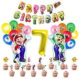 Mario Geburtstag Deko 7 Jahre 24 Pcs，Mario Luftballon Latex,Mario Folienballon,Gold Nr.7 Ballon Aluminiumfolie,Mario Happy Birthday Banner,Mario Cupcake Topper,Mario Party Set,7.Geburtstag Deko