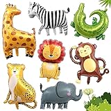 Folienballon Tiere, 7 Stücke Jungle Safari Tierballons, Waldtiere Luftballon Kinder Geburtstag Deko, Helium Ballons Löwe Leopard Elefant Giraffe Zebra Affe, Tiere Ballon Party Dekorationen