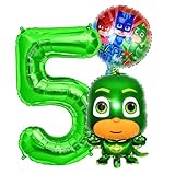 PJ Masks Gecko Geburtstags Deko Set, Zahl 5 Folienballon Luftballon Ballon Pyjamahelden Geko Grün PJ Mask Kinder Dekoration jungen und Mädchen (Zahl 5)
