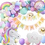 Geburtstagsdeko Mädchen Einhorn, Kindergeburtstag Deko Mädchen Pastell Luftballons mit 3D Einhorn Luftballon Happy Birthday Banner Weiße Wolken Folienballons Regenbogen