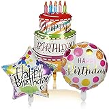 com-four® 3x Folien-Ballon 'Happy Birthday' - Ballons in drei Designs - Geburtstasdeko mit bunten Motiven (3 Stück - Torte/Stern/Ballon)