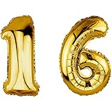 DekoRex Folienballon Gold 100cm Geburtstag Jubiläum Hochzeit Deko (Zahl 16)
