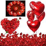 Romantische Kerzen Rote Teelichter und Rosenblätter, Romantisch Deko Set,50 Teelichter Herzform,1000 Seide Rot Rosenblüten,5 Rote Herzförmige Folienballons Dekoration Valentinstag Hochzeitsdeko