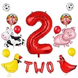 2. Geburtstag Bauernhof-Themen-Partyballons für Mädchen, Bauernhoftier, Folienballons, rot, gelb, Latex-Luftballons, 2 Jahre, Party, Bauernhof, Tier-Party-Dekorationen, 16 Stück
