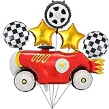 ENLACE Auto Folienballon Cars Geburtstagsdeko 43 Zoll Rote Vintage Classic Auto Luftballon,18 Zoll Golden Stern Folienballon,Rennwagen Ballon Set für Kinder,Party Deko Geschenk