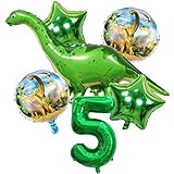 DIWULI, großes Dinosaurier Luftballon Set, 1x gigantischer Dino-Ballon + XL Zahl 5 Zahlen-Ballon grün + 2X Stern-Ballon + 2X Folien-Ballon 5. Kinder-Geburtstag Junge, Motto-Party, Dekoration, Deko