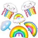 ALTcompluser 6 Stück Folie Regenbogen Luftballons Geburtstag Wolke Luftballons Quaste Regenbogen Lächelndes Gesicht Luftballons für Kinder Jungen Mädchen Geburtstagdeko