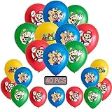 40 Stück Super Mario Luftballons, Rot Gelb Blau Grün Luftballons Geburtstag, Super Mario Thema Party Dekoration Latexballons mit band für Kindergeburtstagsdeko Jungen Mädchen