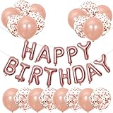 Happy Birthday Banner, Rose Gold Ballon Dekoration, 20 Stück Ballons enthalten Rose Gold Latex Ballons x10, Konfetti Ballons x10, und 16 Zoll 'Happy Birthday' Folienballons, für Jungen, Mädchen Party