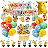 Kinder Geburtstag Party Dekoration Set, 47 Stück Geburtstagsdeko für Jungen Mädchen, HAPPY BIRTHDAY Deko mit Pokémon Geburtstag Party Set, Kindergeburtstag Deko, Geburtstag Luftballons Kuchen Deko
