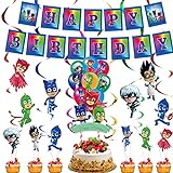 CYSJ Pyjamahelden PJ Masks Geburtstag Deko, Geburtstagsfeierdekoration, Geburtstag Luftballon Happy Birthday Banner Kuchendeckel Cake Topper für Babyshower Kinder Baby Junge Party