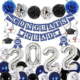 Abschlussfeier-Dekorationen 2022 63-teiliges Abschlussfeierzubehör – Blau, Silber, Schwarz, Latexballons, Banner, Anhänger für High School, College-Abschlussfeier als Kulisse für Abschlussfeiern