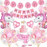 Unicorn Birthday Party Dekoration Mädchen, TOLOYE Rosa Geburtstag Dekoration Set mit Banner Latex Confetti 3D Einhornfolie Ballons Pompons, Pastell Einhorn Party Supplies für Baby Girl