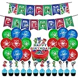 PJ Hero Geburtstag Deko simyron 32pcs Theme Party Zubehör Dekoration Geburtstag Luftballon Happy Birthday Banner Kuchendeckel Cake Topper für Baby shower Kinder Baby Junge Party