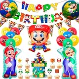 Super Mario Dekoration Geburtstag,44pcs Super Mario Geburtstagsdeko Set - Mario Happy Birthday Banner,Mario Luftballons & Tortendeko Super Mario ect Super-Mario Theme Party Dekorationen