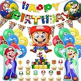 Super Mario Dekoration Geburtstag,44pcs Super Mario Geburtstagsdeko Set - Mario Happy Birthday Banner,Mario Luftballons & Tortendeko Super Mario ect Super-Mario Theme Party Dekorationen