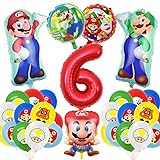 Super Mario Geburtstag Deko 6 Jahre, 6 Jahre Mario Party Set Geburtstag, Super Mario Luftballons Latex Folienballons Zahlenballon 6 für Kindergeburtstag Party Dekoration (6)