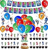 Geburtstag Deko PJ Masks Luftballons Alles Gute Zum Geburtstag Girlande Kuchendeckel Wirbel Dekoration für Kinder Pyjamahelden Geburtstagsfeier Dekoration
