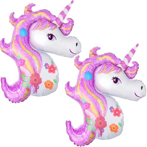 Einhorn Folienballons Deko 2 Riesen Folie Einhornballons XXL 40" Luftballons fur Geburtstagsdeko Mädchen, Kindergeburtstag Deko Rosa, Geburtstags Party. Fliegt mit Helium