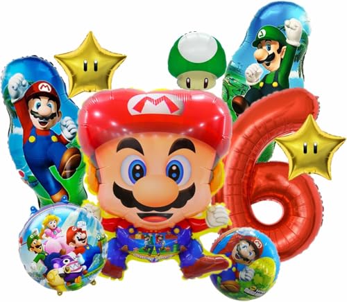 9 Stück Super Luftballon Geburtstag 6 Jahre, Super Bros Folienballon 6 Kindergeburtstag Dekoration