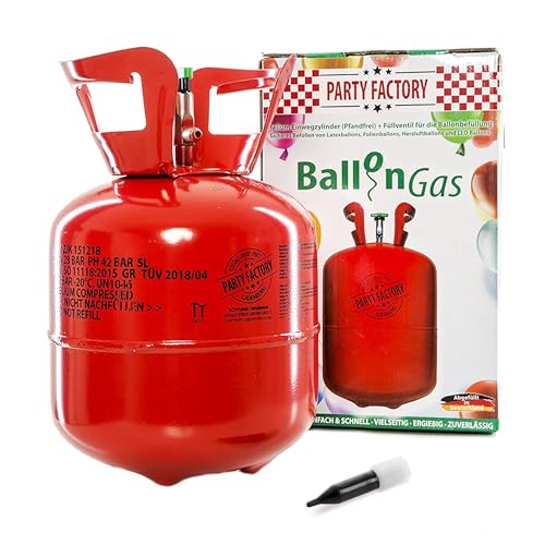 Party Factory – Helium Gasflasche 1x 140L für ca. 20 Luftballons – Partydeko Ballongas Flasche für Latex-, LED- & Folienballons – Einwegflaschen mit Knick-Füllventil – Für viele Dekoanlässe