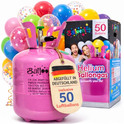 BALLONGAS FÜR 50 Luftballons + 50 Ballons + FÜLLVENTIL | Helium Einweg Flasche Luftballon Folienballon Deko Geburtstag Party Hochzeit